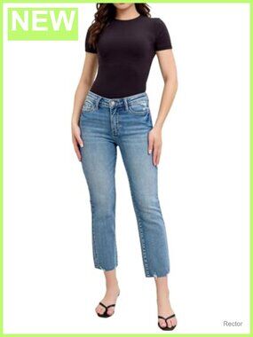 Mid Rise Destroyed Hem Kick Flare Crop Jeans Stretch Denim